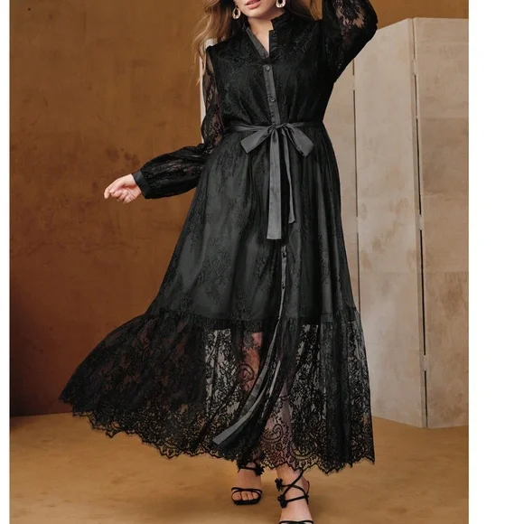 Plus Black Eyelash Lace Button Down Semi Sheer Long Sleeve Dress - Picture 5 of 5